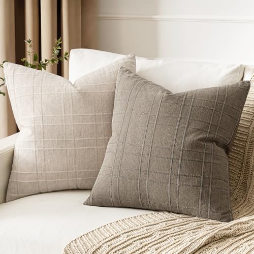 Image of MIULEE Decorative Linen Check Throw Pillow Covers Neutral Farmhouse Vintage Pillow Covers 20x20 Set of 2 Boho Modern Winter Home Decor for Sofa Couch Bedroom Cushion Tan Taupe