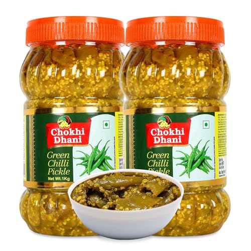 Image of Chokhi Dhani Green Chilli Pickle Pack of 2 (1kg Each) | Hari Mirch Achar | Spicy & Tangy Indian Pickle | Traditional Homemade Style | Veg