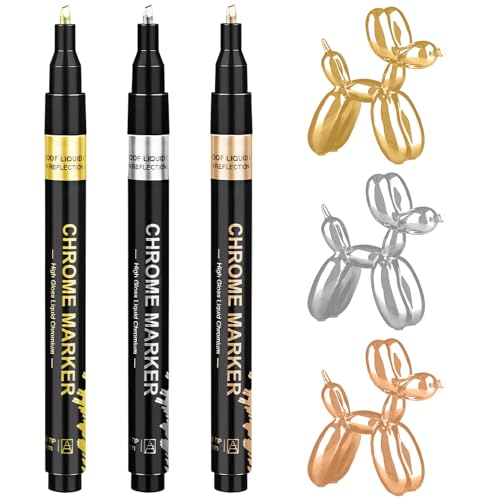 Metallic Chrome Paint Marker Pen, 3 Colors 2-5mm Permanent Liquid Mirror Effect Pen Waterproof Reflective Gloss for Model Painting Metal Plastic Glass Touch Up Repair Kit Art Supplies DIY Resin Craft