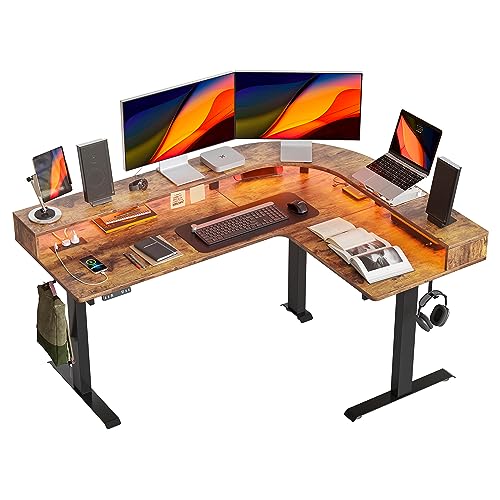 Image of FEZIBO L Shaped Standing Desk with Arc LED & Power Outlet, Exclusive Uprated 3 Motors Support 330LBS, Electric Height Adjustable L Shaped Desk with Large Monitor Stand, for Home Office, Rustic Brown