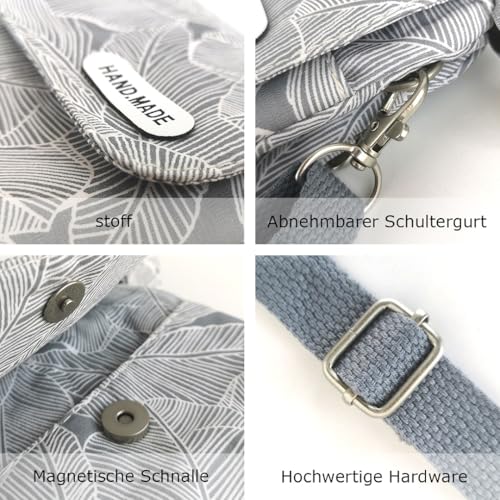 fanshu umhängetasche für handy und geldbörse Segeltuch schultertasche für handy damen Retro Phone Tasche crossbody handytasche echtleder(Grau)