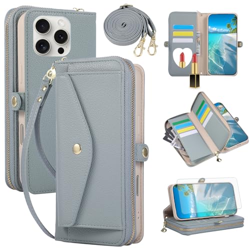 Étui portefeuille iPhone 16 Pro Asuwish en cuir PU avec bandoulière et miroir
