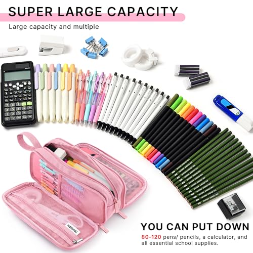 Image of TOPBIDAI Large Pencil Case Pouch for Girls Boy Women Men Adults | Big Capacity Canvas Pencil Bag, Office School Supplies, Multi Compartment Zipper Stationery Pen Box(Light Pink)