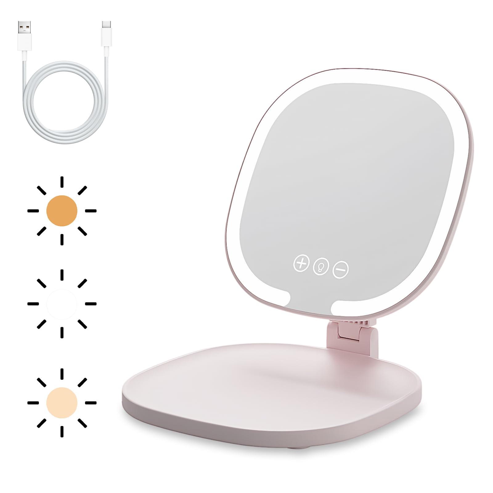 Colexy Travel Makeup Mirror with LED Light, Portable Travel Mirror Slim LED Vanity Lighted Rechargeable Foldable with 3 Lighting Modes Dimmable Touch Screen (Pink)