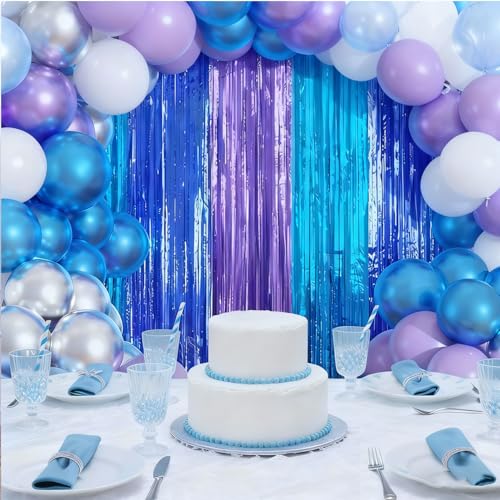 Image of Blue Purple Balloon Garland Arch Kit Birthday Party Decorations, Music Themed Foil Fringe Curtains Backdrop Tinsel Streamer Photo Booth Props for Christmas Winter Wonderland Party Decor Supplies