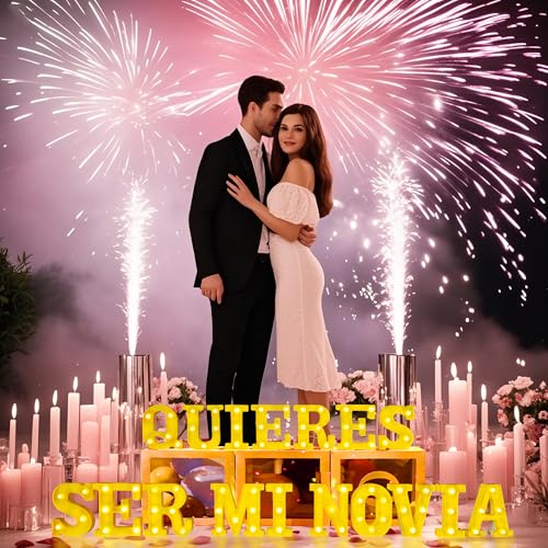 Image of Quieres Ser Mi Novia Light Up Letters Proposing Decorations Set Includes 14 LED Light Letters and 1000 Rose Petals Valentine's Day Ornaments