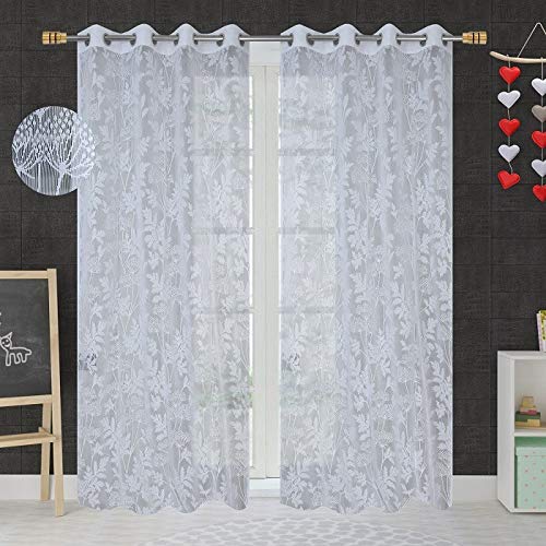 Image of Honger Polyester Floral Design Heavy Net Tissue Curtains for Living Room Use Pack of 2 Curtains for (Size 4 x 5 Feet Window Curtains, White Colour)