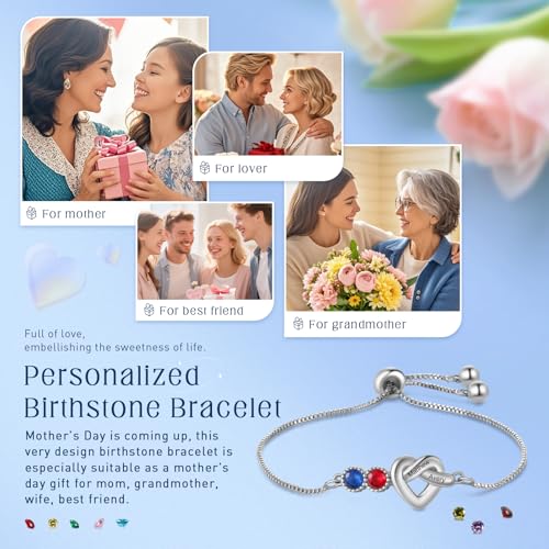 Image of Mom Bracelet Mothers Day Gifts Personalized 2 Birthstone Bracelets for Women Custom 2 Names Bracelets for Her Mothers Bracelet Jewelry for Wife