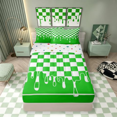 Image of Bright Green Checkered Zipper Bedding for Full - 4 Piece Zip Up Comforter Set with Fitted Sheet & 2 Pillowcases,Breathable Checkerboard Drip Y2K Aesthetic Geometric Bed in a Bag,All Season Lightweight
