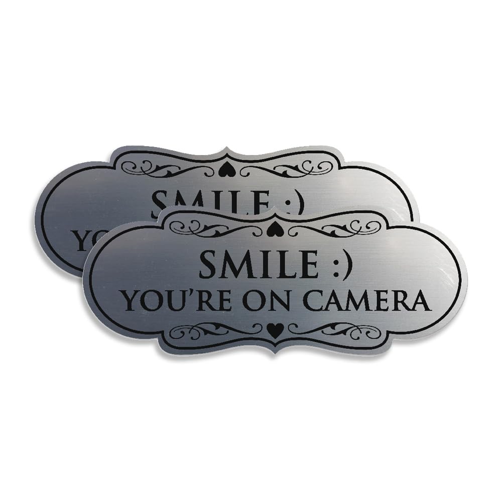 Signs ByLITA Designer Smile You're on Camera Sign - Easy Installation | Durable Wall or Door Sign (Brushed Silver) - Medium 2 Pack