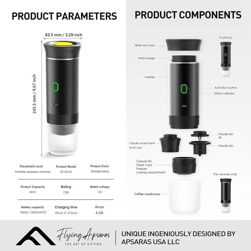 Miniatura 7 de Máquina de café espresso portátil, cafetera eléctrica inalámbrica 3 en 1, cafetera autocalentable compatible con café molido, con USB-C, para