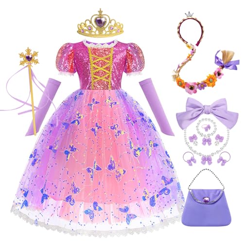YOSICIL Niña Disfraz para Rapunzel Vestido de Princesa Chica con Accesorios Navidad Reyes Vestido para Carnaval 3-8 Años Cumpleaños Costume para Halloween Varita Mágica Manga Corta，Morado,100