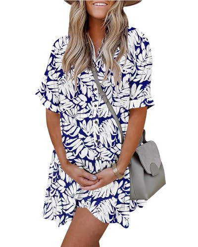 Image of PYGFEMR Women's Short Sleeve Babydoll Dress Button Down Dresses with Pockets