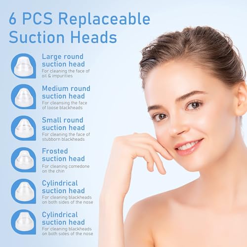 Image of Facial Pore Blackhead Remover Vacuum, 1080P Camera Blackhead Remover, 20x Zoom, 8 LEDs & 3 Suction Modes, 800mAh Battery & USB - 6 Heads Pore Cleaner Kit for Women&Men(Blue)