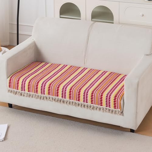 Image of HOKIPO 'Artisan Boho Series' Sofa Cover Mat with Tassel for 2 Seater Sofa | 450 GSM Thick Cotton Acrylic Jacquard Fabric, Ruby Red (IN-902-A6*S)