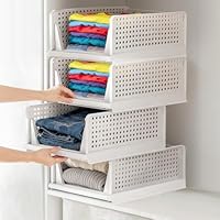 Lukymod Foldable Closet Organizer, 4 Pack Stackable Storage Boxes, Big Sturdy Plastic Storage Baskets, Drawers for Bedroom, Kitchen and Bathroom Organization, White