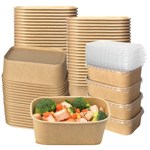 FISDEN 50 Pack Kraft Paper Food Container, 25 OZ Disposable Salad Bowls with Lids, Oil-Proof Rectangular Soup Bowls for Meal Prep Snack Takeout, Microwave Freezer Safe