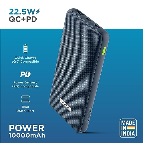 Image of URBN Power Bank 10,000mAh - Ultra Slim, 22.5W Two Way Fast Charging, Triple Output, Dual Type C PD, 12 Layers Circuit Protection, BIS Certified, Made in India with Free Type C Cable - Blue.