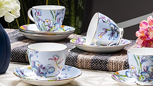 Image of GOLDEN QUEEN'S Cup & Saucer Set | Perfect for Hosting & for Tea /Coffee Lovers | Handcrafted in India, Inspired by Florals & 24-Carat Gold Rim | 6 Cups & 6 Saucers |170 ml - Blue Floral Songbird