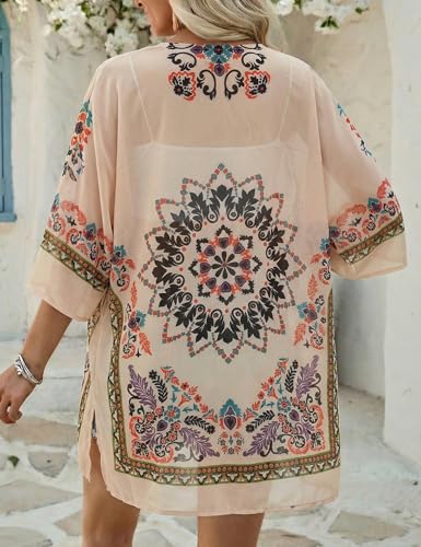 Image of Chunoy Women Floral Beach Wear Cover Up Chiffon Kimono Cardigan Open Front Blouse Top