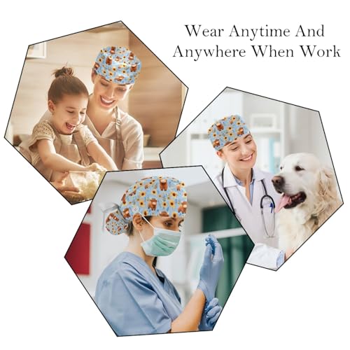 Image of 2 PCS Bouffant Cap with Button Ponytail Pouch Working Cap Sweatband Adjustable Surgical Cap Black and White Cow