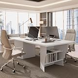 AIEGLE Large Office Desk for 2-4 with Shelves, Multi-user Computer Desk & Confrence Table with Storage, 86.6' Workstation & Study Writing Table Unit for Home Office, Type D - White