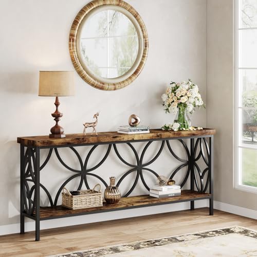 Tribesigns Mesa de sofá estrecha, mesa de sofá larga industrial de 160 cm detrás del sofá, mesa consola de entrada con almacenamiento para entrada, sala de estar, vestíbulo, diseño único, color marrón