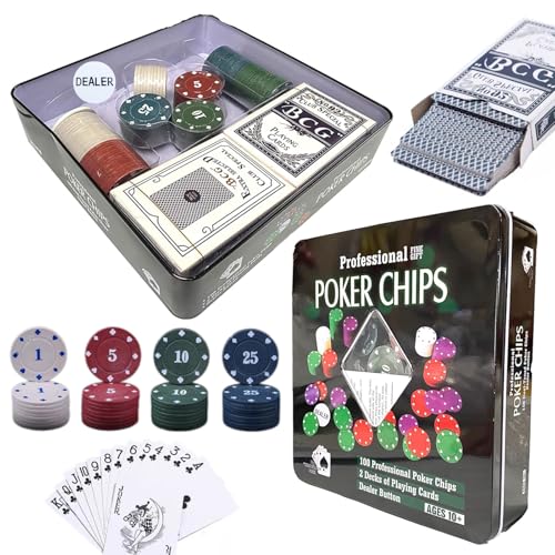 Professional Chips Set 100 Pcs with 2 Decks of Playing Cards and Tin Storage Box Set for Gifts Family Party Birthday Parties