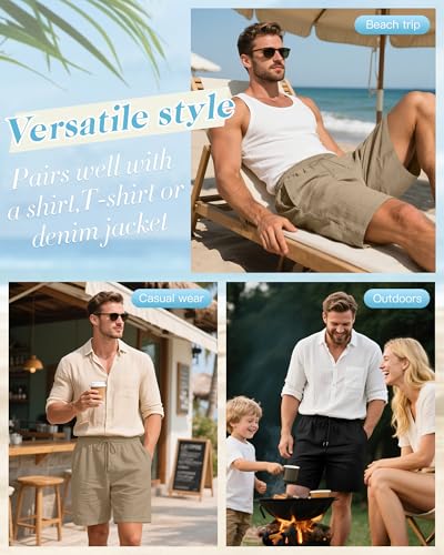 Ficerd 2 Pack Cotton Linen Big and Tall Shorts for Men Drawstring Elastic Waist 7" Summer Beach Bermuda with Pockets4
