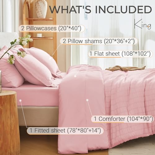 Image of MUXHOMO 7 Pieces King Comforter Set, Seersucker Bed in a Bag King Size, All Season Luxury Bedding Set with Comforter, Flat Sheet, Fitted Sheet, Pillowcases & Shams, Pink