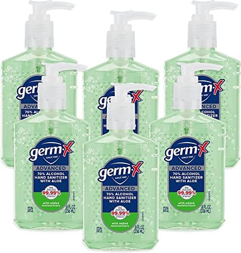 Germ-X Advanced Hand Sanitizer with Aloe and Vitamin E, Non-Drying Moisturizing Gel, Instant and No Rinse Formula, Pump Bottle, Back to School Supplies College, 8 Fl Oz (Pack of 6)