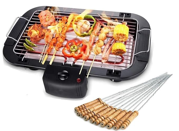 Riveira 2000 Watt Electric Barbecue Grill Smokeless Portable Adjustable Temperature Control Indoor and Outdoor | Removable Water Filled Drip Tray (BBQ With Stick)| Black