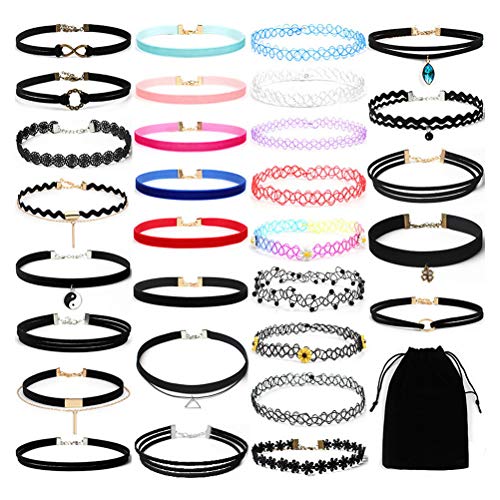 pengxiaomei Tattoo Choker Set, Choker Necklace Set Ribbon Choker Velvet Stretch Elastic Choker Necklace Tattoo Choker Choker Necklace for Girls and Women(30pcs)