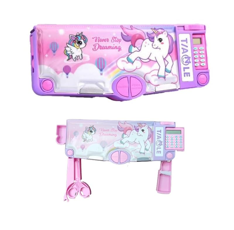 Image of Multifunctional School Pencil Box with Calculator Cute Cartoon Stationary Compass for Boys Geometry Kids with Inbuilt Scissor Ruler Eraser&Sharpener Box Best Gift (Pink Unicorn-Calculator)