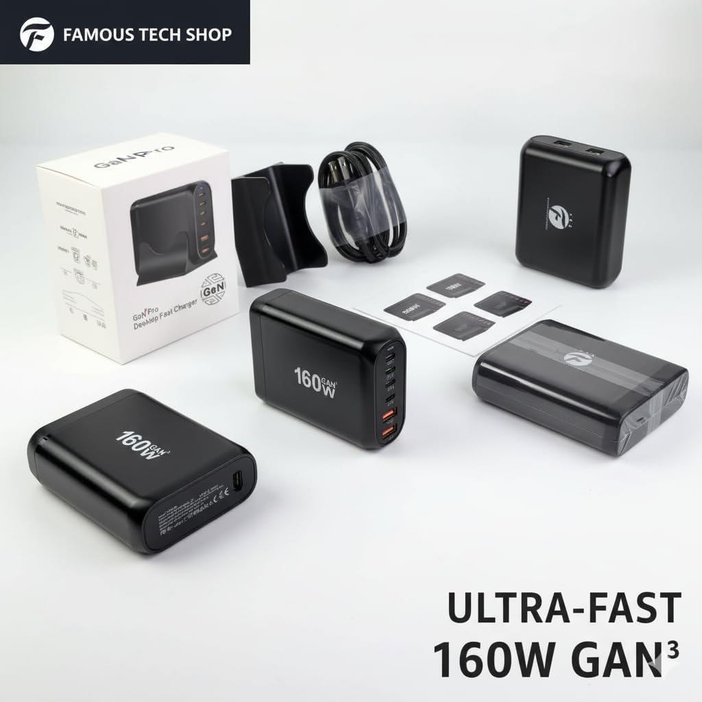Famous Tech Shop 160W GaN 6-Port USB-C & USB-A Fast Desktop Charger Hub – PD 3.0 QC 3.0 Multi-Device Charging Station for Laptops, Smartphones, Tablets, iPads, Accessories & USB Devices
