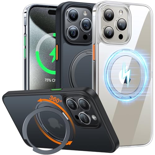 TORRAS 360°Rotatable Ring for iPhone 15 Pro Case 6.1 inch, Compatible with MagSafe 15 Pro Case with Stand Translucent Slim Protective Ring Holder Military Shockproof Cover for 15 Pro 2023, Black