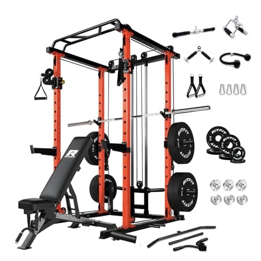 RitFit Multi-Function Garage & Home Gym Package Includes 1000LBS Power Cage PPC03 with Cable Crossover System, Weight Bench, Olympic Barbell Weight Set, Full Body Workout -OR,Bumper Plate 230lbs