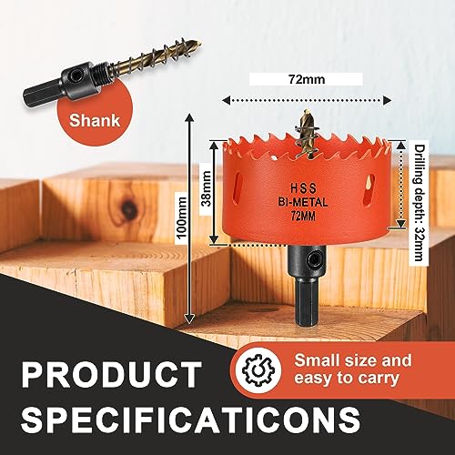 72mm Hole Saw Drill Bit for Wood and Metal, Bi-Metal Circular Hole Cutter with cutting Depth of 35mm for Steel, Cast Iron, Aluminium, Plywood, Acrylic, PVC/UPVC 2 72mm Hole Saw Drill Bit for Wood and Metal, Bi-Metal Circular Hole Cutter with cutting Depth of 35mm for Steel, Cast Iron, Aluminium, Plywood, Acrylic, PVC/UPVC - Image 2