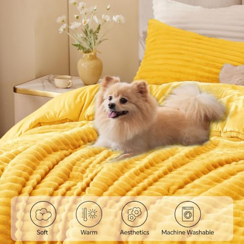 Image of BEDELITE Fleece Full Comforter Set, Fluffy Bed Set, Bright Yellow | Super Soft & Warm Bedding, Luxury Fuzzy Faux Fur Comforter for Winter, Heavy Plush Bedding, with 2 Pillowcases