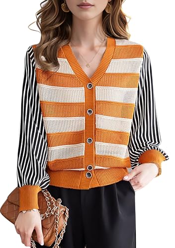 LAI MENG FIVE CATS Women's V-Neck Striped Cardigan Sweaters Long Sleeve Button Down Fashion Casual Tops