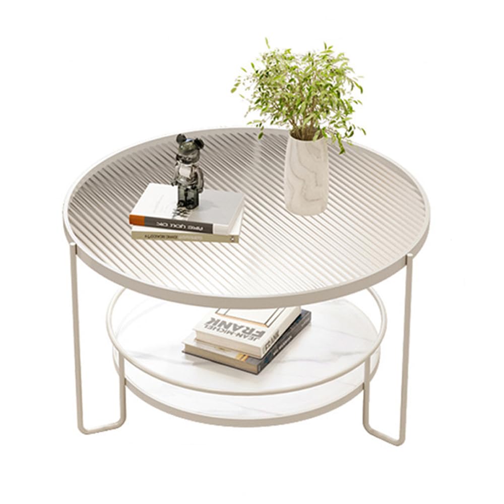 Runder Glas-Couchtisch, 2 Ebenen, weißer Metallrahmen, 60 cm