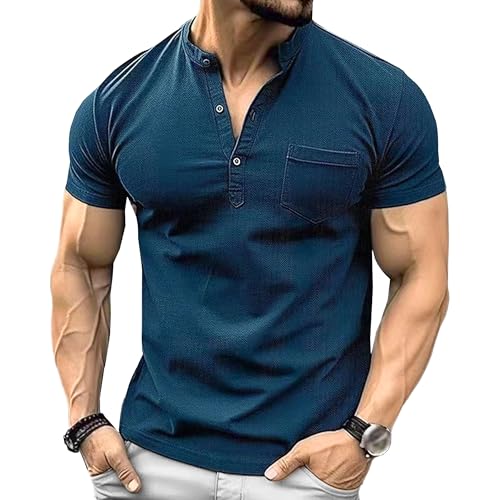 Men Business Casual Polo Shirt Quarter Button Pocket Slim Outdoor T Shirts Summer Solid Short Sleeve Street Tops (Blue,X-Large)