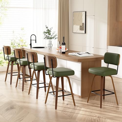 Image of Swivel Bar Stools Set of 5, 26 inch Upholstered Faux Leather Counter Height Barstools with Walnut Back & Bentwood Legs, Mid Century Modern Bar Chairs Island Stools for Kitchen Counter, Green