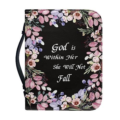 Funda de Biblia con cremallera grande de piel para mujer, con flores, para mujer, para Biblia, libro de la iglesia, con asa, Negro , XL