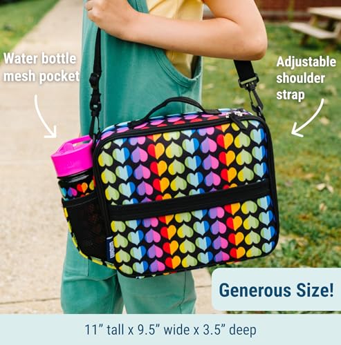 Image of Wildkin Kids ECO rPET Insulated Lunch Box - Keeps Food Hot or Cold, Easy-Clean Lining, Mesh Pockets & BPA-Free - Boys & Girls, Ideal for School, Travel & Daycare - Rainbow Hearts