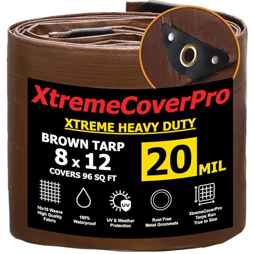 8 x 12 Brown Tarp - 20mil | Heavy Duty & Waterproof | UV Protection + Brass Grommets Reinforced Corners outdoor storage 8x12 ft Rain Camping Tent Greenhouse roof Leak Ground Cover Leakproof Shed car