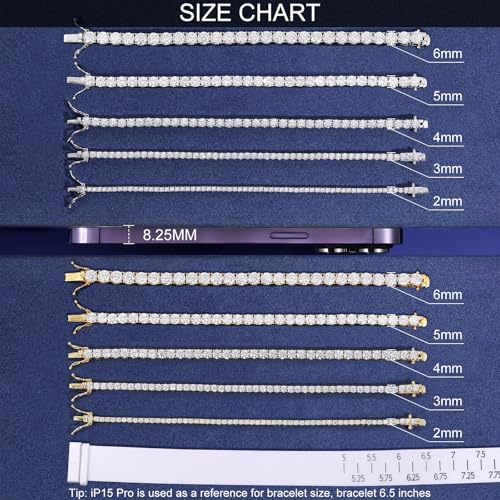 Moissanite Tennis Bracelet for Women Men White/Yellow Gold Plated S925 Sterling Silver D Color VVS1 Round Cut Moissanite Bracelets 2/3/4/5/6MM 6.5/7/7.5/8inch3