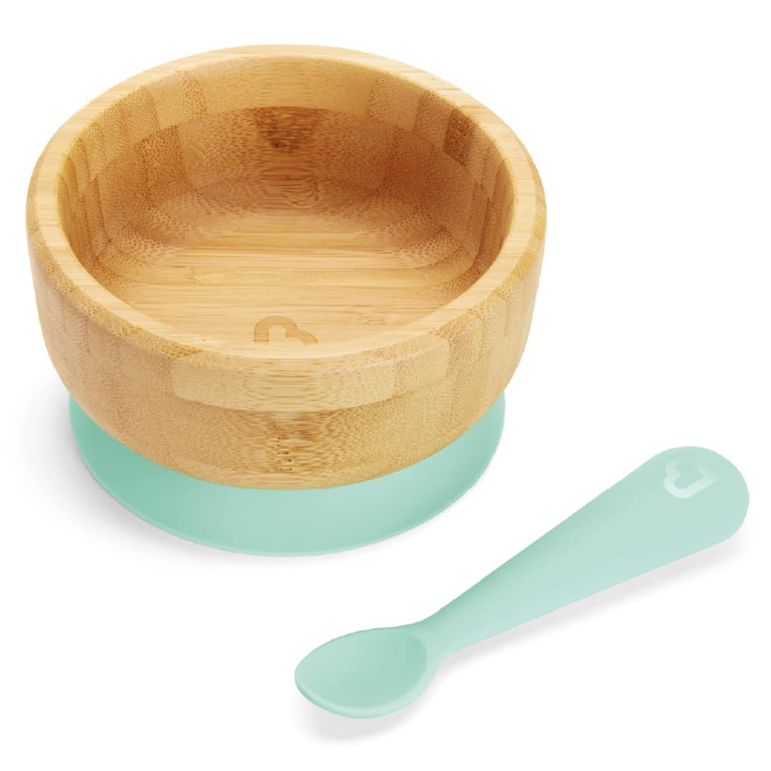Bambou Bowl + Spoon Set, bamboo bowl with suction base, spill proof, stays put, silicon spoon for the tiny hands, easy and soft for feeding, Infant/Baby/Toddler/Kids, 6 Months and above.