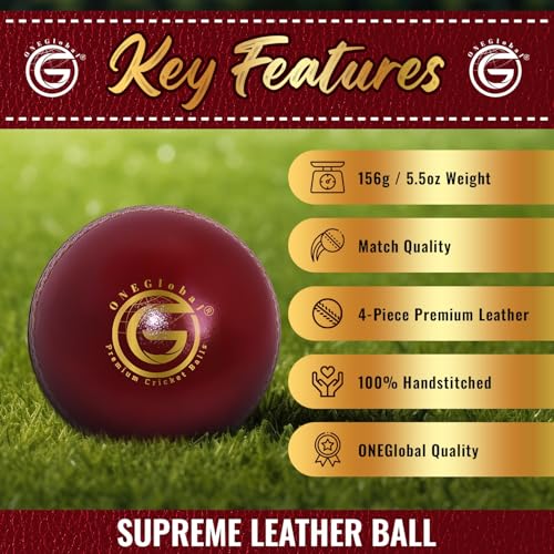 ONEGlobal Supreme Genuine Leather Cricket Ball | 4-Piece Handstitched Cricket Balls | Match Quality Hard Cricket Balls (Seniors 5.5oz, Juniors 4.75oz, Womens 5oz) - Image 4