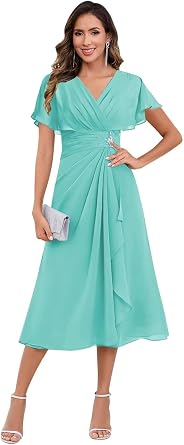 Chiffon Mother of The Bride Dresses Tea Length Short Sleeve Wedding Formal Evening Dress for Women